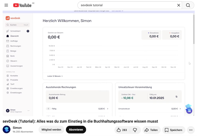 Sevdesk Creator auf YouTube